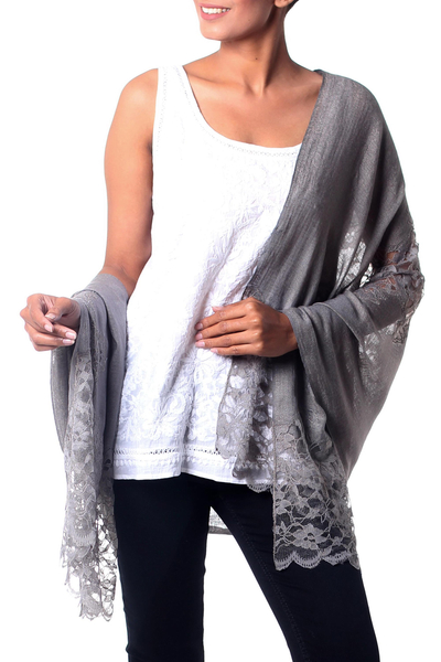 Wool blend shawl, 'Infinite Kashmir' - Taupe Grey Wool Blend Shawl Trimmed with Floral Lace
