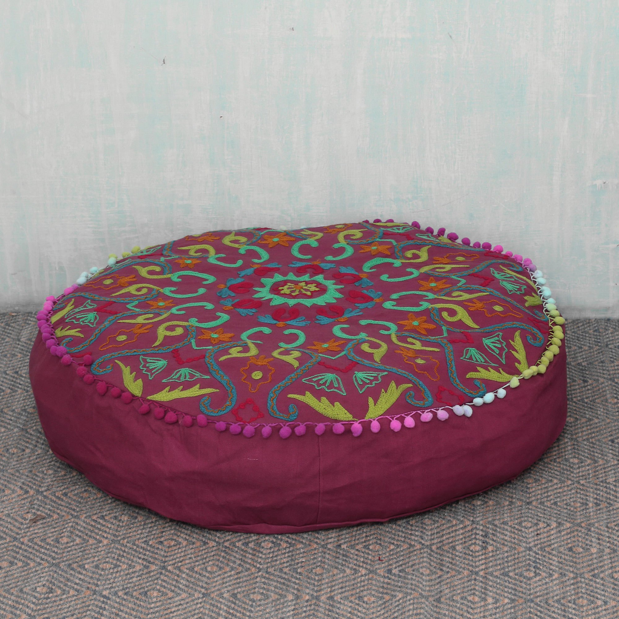 Colorful Embroidered Burgundy Cotton Ottoman Cover Festive Pushkar in