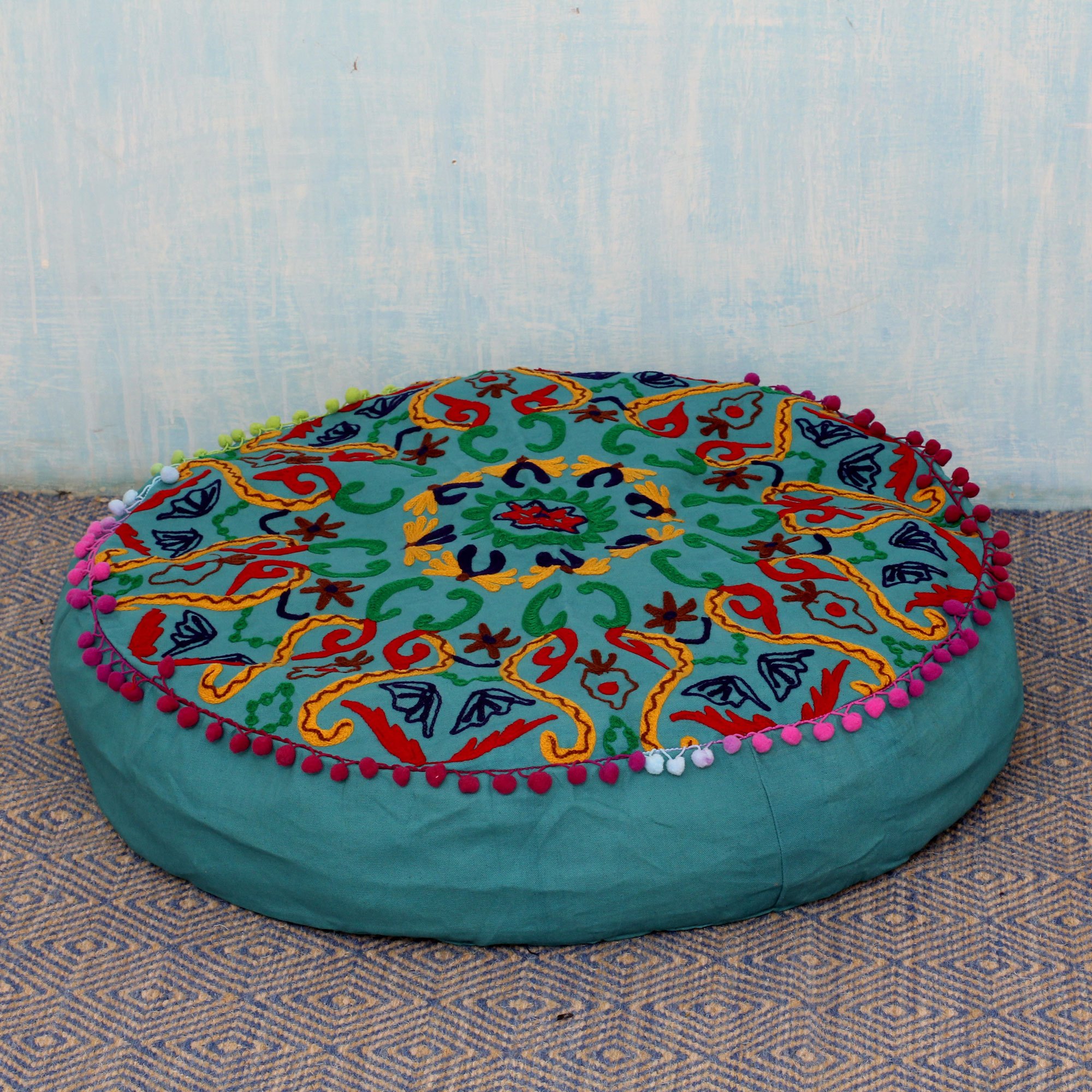 Cotton Ottoman Cover in Teal Green with Embroidery Festive Pushkar in