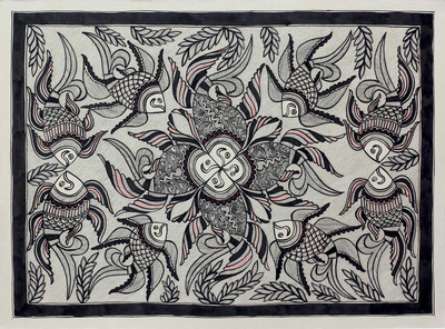 Madhubani painting, 'Underwater Unity' - Original Black and White Indian Folk Art Madhubani Painting