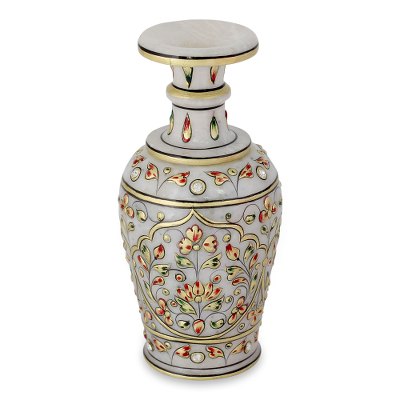 Marble decorative vase, 'Vintage Mughal' - Indian Decorative Vase in Hand Painted Makrana Marble