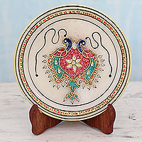 Marble plate, 'Grace and Joy II' - Makrana Marble Plate with Hand Painted Peacocks