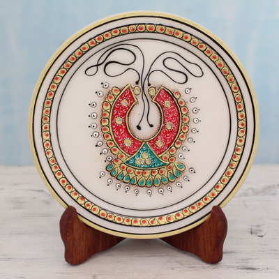 Marble plate, 'Royal Elegance' - Makrana Marble Decorative Indian Plate Painted by Hand