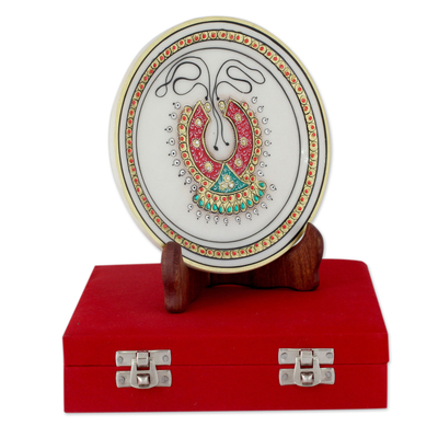 Marmorplatte, 'Königliche Eleganz - Indische Makrana-Marmor-Dekorplatte von Hand bemalt