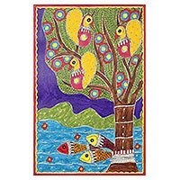 Madhubani painting, 'Celebration of Life' - Colorful Madhubani Folk Art Painting from Indian Artist