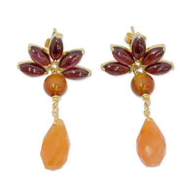 Gold plated garnet and carnelian dangle earrings, 'Fiery Lotus' - Hand Made Garnet and Carnelian 18k Gold Plated Earrings
