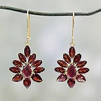 Gold plated garnet dangle earrings, 'Claret Sunburst'