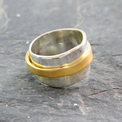 Gold plated meditation spinner ring, 'Wheel of Existence' - 18k Gold Plate and Sterling Silver Spinner Style Band Ring