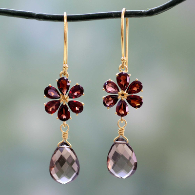 UNICEF Market  Floral Garnet And Smoky Quartz Earrings in Gold Vermeil 