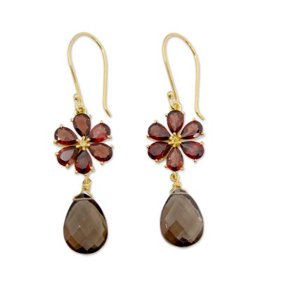 Gold vermeil garnet and smoky quartz earrings, 'Jaipur Allure' - Floral Garnet And Smoky Quartz Earrings in Gold Vermeil