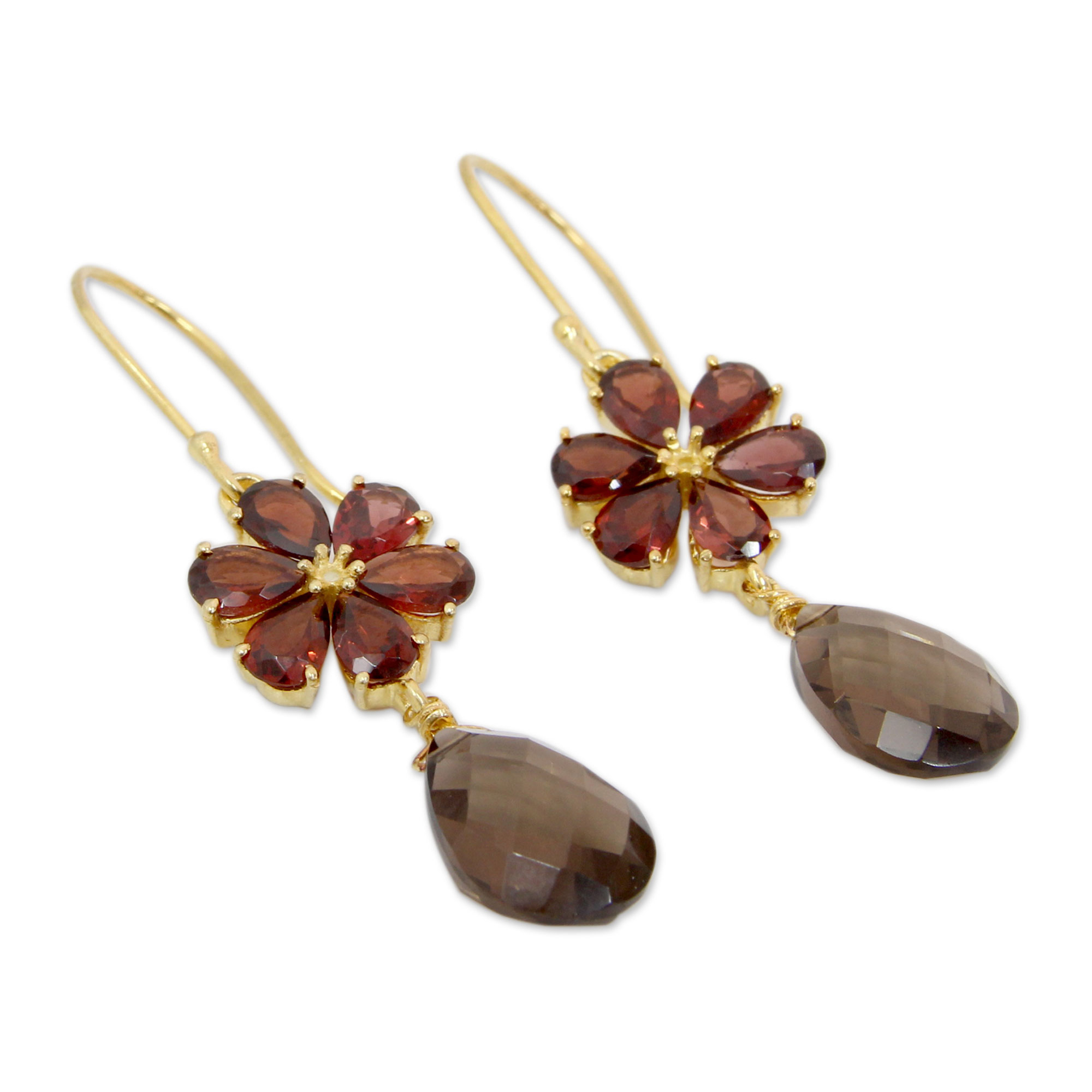 UNICEF Market  Floral Garnet And Smoky Quartz Earrings in Gold Vermeil 