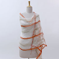 Silk shawl, 'Whispering Clouds' - Off White and Orange Soft Silk Shawl Draping Wrap