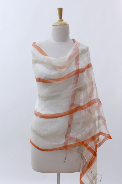 Mantón de seda - Chal Drapeado de Seda Suave Blanco Roto y Naranja