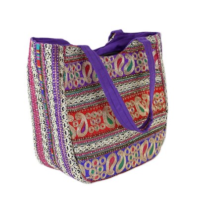 Embroidered shoulder bag, 'Paisley Flair' - Embroidered Red Violet and Blue Handbag from India