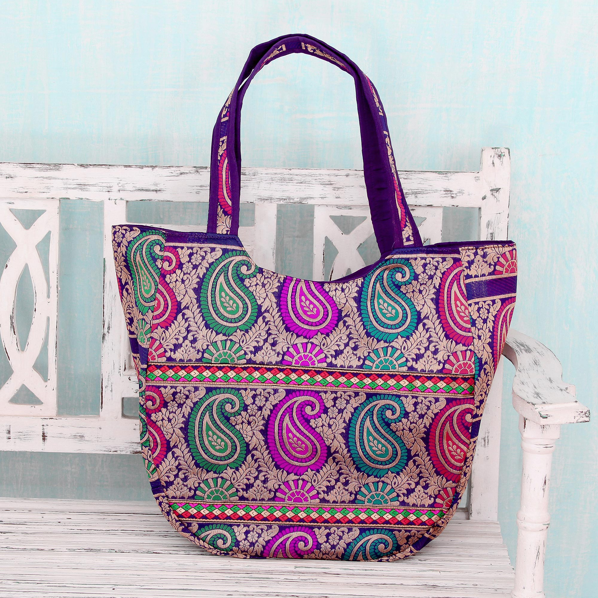 Multicolored Brocade Shoulder Bag by Indian Artisan - Paisley