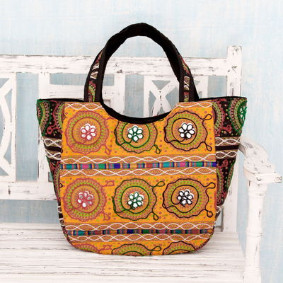 Cotton shoulder bag, 'Colors of Gujarat' - Colorful Orange Embroidered Cotton Shoulder Bag from India