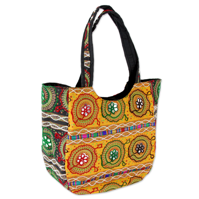 Cotton shoulder bag, 'Colors of Gujarat' - Colorful Orange Embroidered Cotton Shoulder Bag from India