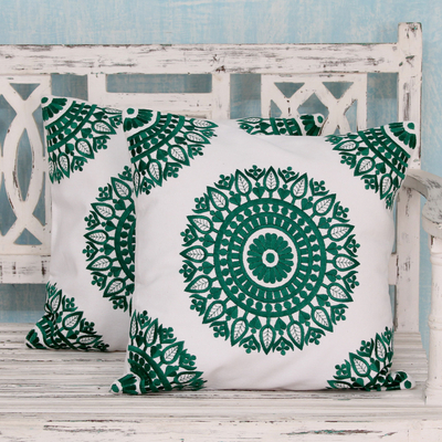 Cotton cushion covers, 'Emerald Delight' (pair) - Green and White Embroidered Cotton Cushion Covers (Pair)