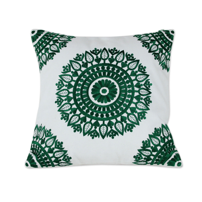 Cotton cushion covers, 'Emerald Delight' (pair) - Green and White Embroidered Cotton Cushion Covers (Pair)