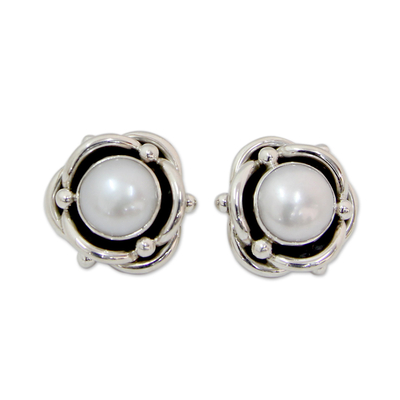 Cultured pearl button earrings, 'Regal Aura' - Cultured White Pearl and Sterling Silver Button Earrings