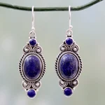 Lapis lazuli dangle earrings, 'Johari Treasure' - Ornate Sterling Silver Dangle Earrings with Lapis Lazuli