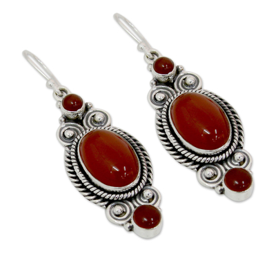 Red onyx dangle earrings, 'Johari Sunset' - Red Onyx and Sterling Silver Dangle Earrings from India