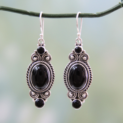 Onyx dangle earrings, 'Johari Night' - Hand Made Black Onyx and Silver 925 Hook Style Earrings