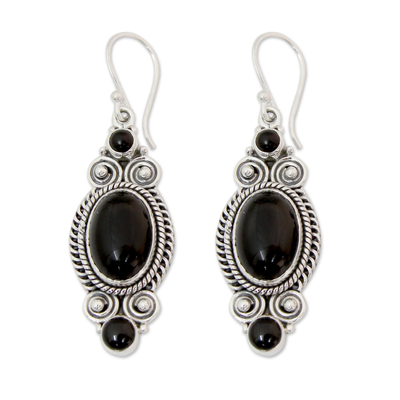Onyx dangle earrings, 'Johari Night' - Hand Made Black Onyx and Silver 925 Hook Style Earrings