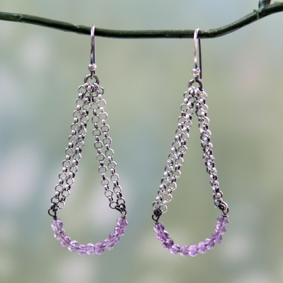 Amethyst dangle earrings, 'Chain Swings' - Vintage Style Sterling Silver Earrings with Amethysts