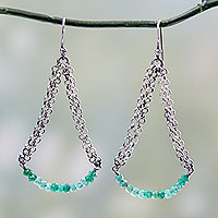 Sterling silver dangle earrings, 'Chain Swings' - Sterling Silver and Green Onyx Vintage Style Earrings