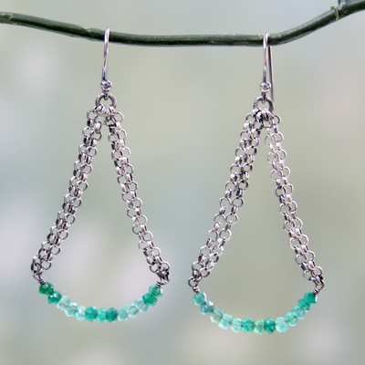 Sterling silver dangle earrings, 'Chain Swings' - Sterling Silver and Green Onyx Vintage Style Earrings