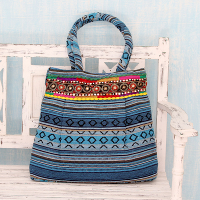 Cotton shoulder bag, 'Sky Blue Gujarat Glam' - Hand Loomed Sky Blue Cotton Handbag with Sequins