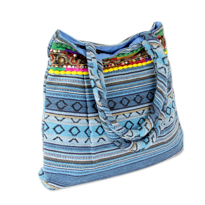 Bolso de hombro de algodón, 'Sky Blue Gujarat Glam' - Bolso de algodón azul cielo tejido a mano con lentejuelas
