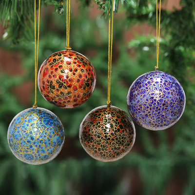 Papier mache ornaments, 'Happy Wonderland II' (set of 4) - Papier Mache Artisan Crafted Holiday Ornaments (Set of 4)