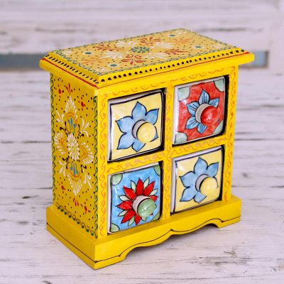 Four Hand Painted Ceramic Drawers In Yellow Mango Wood Box