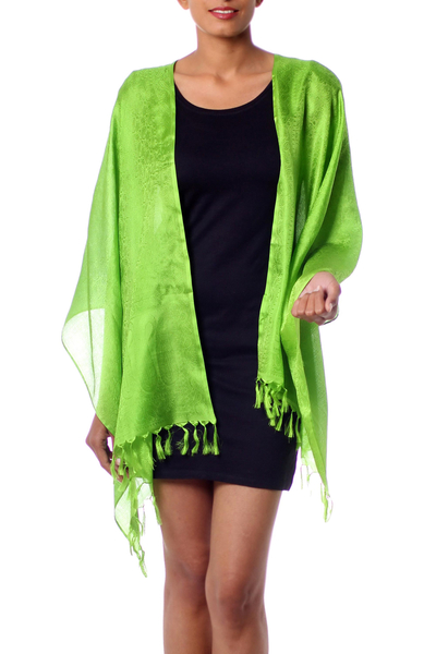 Varanasi silk shawl, 'Forever Green' - Bright Green Hand Loomed Fringed Varanasi Silk Shawl