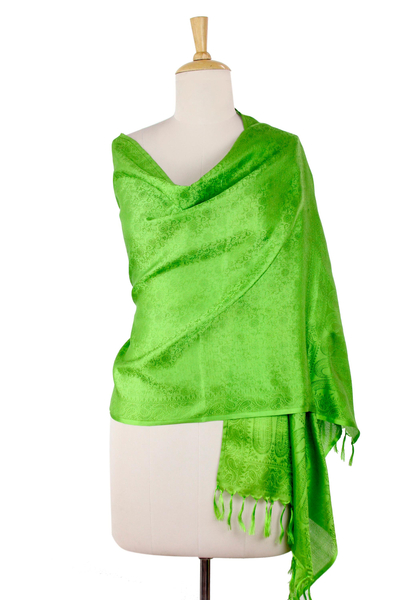 Varanasi silk shawl, 'Forever Green' - Bright Green Hand Loomed Fringed Varanasi Silk Shawl