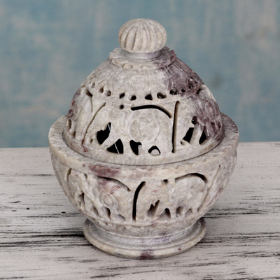 Soapstone jar, 'Elephant Parade' - Indian Elephant Theme Hand Carved Soapstone Decorative Jar