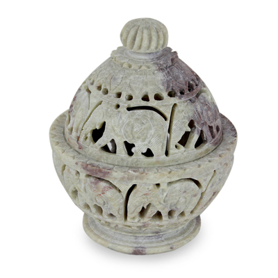 Specksteinglas - Handgeschnitztes, dekoratives Glas mit indischem Elefanten-Motiv aus Speckstein