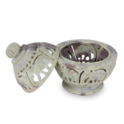 Soapstone jar, 'Elephant Parade' - Indian Elephant Theme Hand Carved Soapstone Decorative Jar