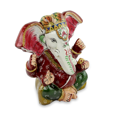 Meenakari figurine, 'Auspicious Ganesha' - India Hand Enameled Meenakari Hindu Sculpture of Ganesha