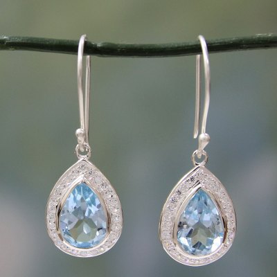 Blue topaz dangle earrings, 'Azure Dewdrop' - Sterling Silver and 3 ct Blue Topaz Dangle Earrings