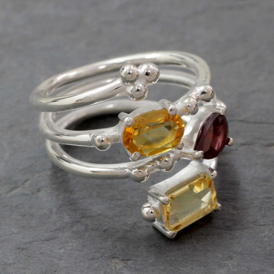 Multi gemstone wrap ring, 'Be Scintillating' - Citrine Garnet Topaz in Sterling Silver Ring from India
