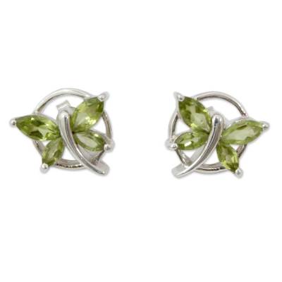 Peridot button earrings, 'Butterfly Gift' - Sterling Silver Butterfly Earrings with Peridot Birthstone