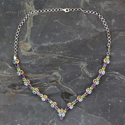 Wasserfall-Halskette mit mehreren Edelsteinen - Halskette aus 21,5 Karat Silber mit vier Arten facettierter Edelsteine