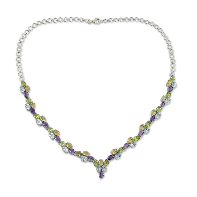 Multigem waterfall necklace, 'Color Cascade' - 21.5-Carat Silver Necklace with Four Kinds of Faceted Gems