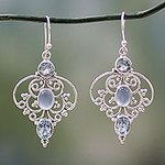Artisan Crafted Blue Topaz Dangle Earrings with Chalcedony, 'Blue Arabesque'