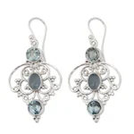 Blue topaz dangle earrings, 'Blue Arabesque' - Artisan Crafted Blue Topaz Dangle Earrings with Chalcedony