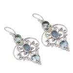 Blue topaz dangle earrings, 'Blue Arabesque' - Artisan Crafted Blue Topaz Dangle Earrings with Chalcedony