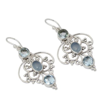 Blue topaz dangle earrings, 'Blue Arabesque' - Artisan Crafted Blue Topaz Dangle Earrings with Chalcedony